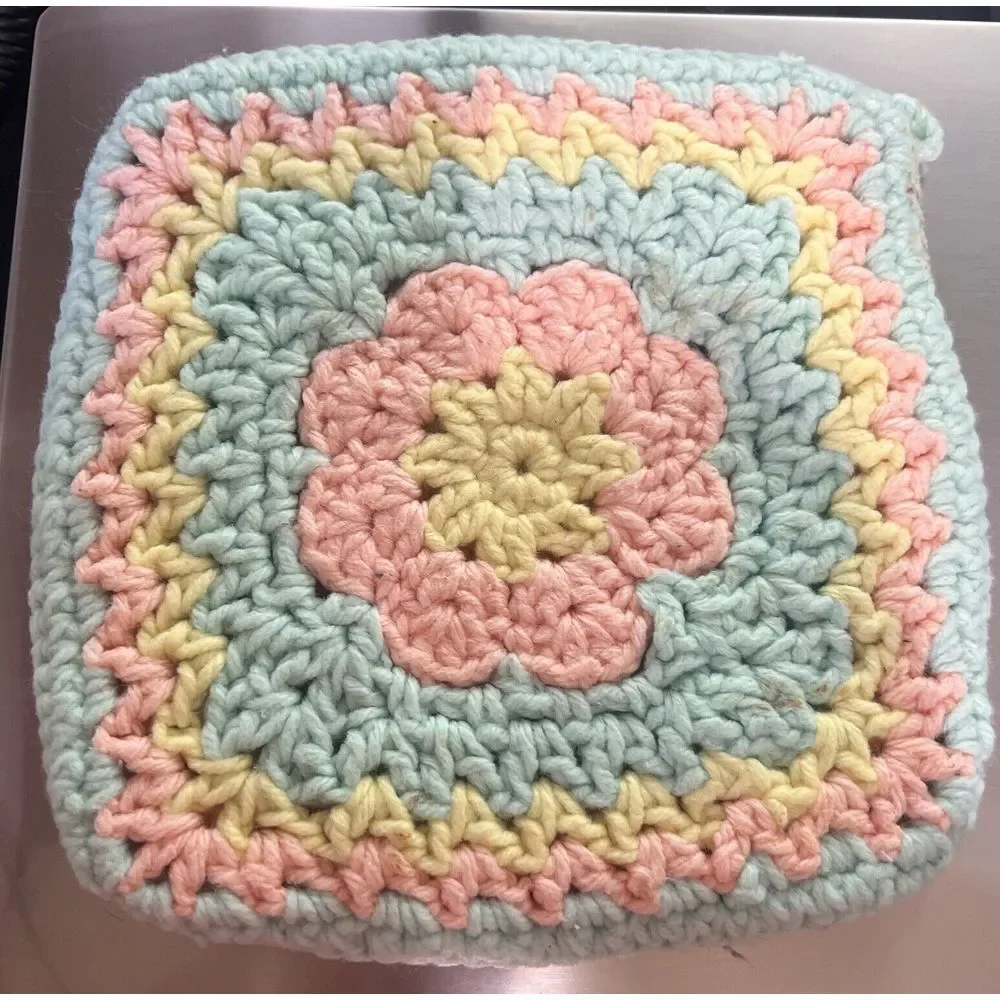 Vintage Crocheted Double‎ Sided Pot Holder Pastel Multicolor Square Oven Mitt